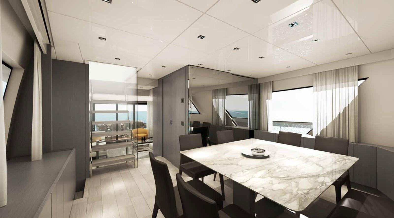 a large room with a table and chairs aboard EB Yacht for Sale