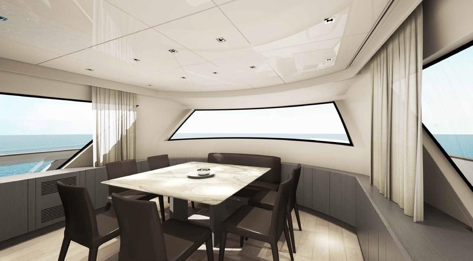 a room with a table and chairs aboard EB Yacht for Sale