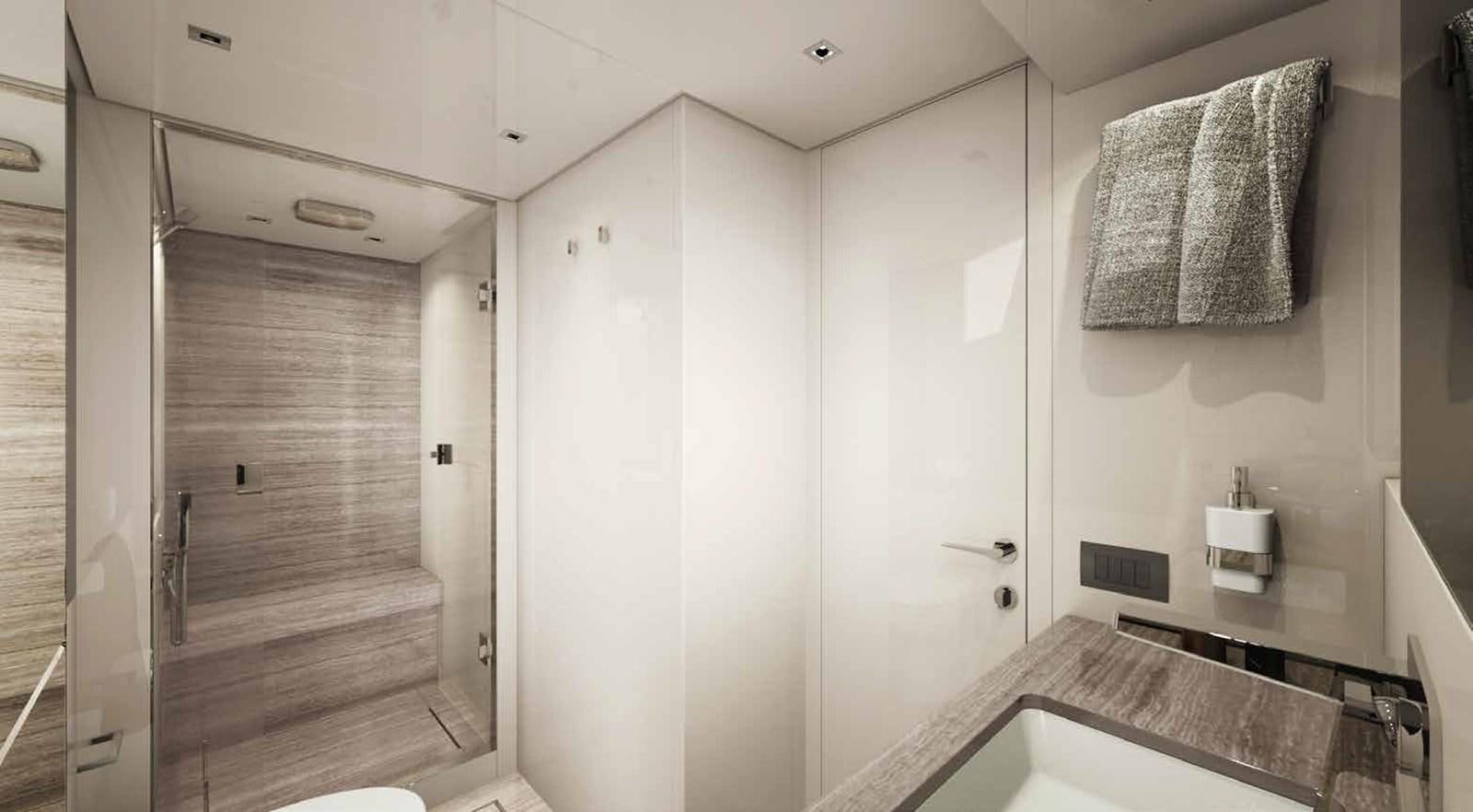 a bathroom with a sink and a shower aboard EB Yacht for Sale