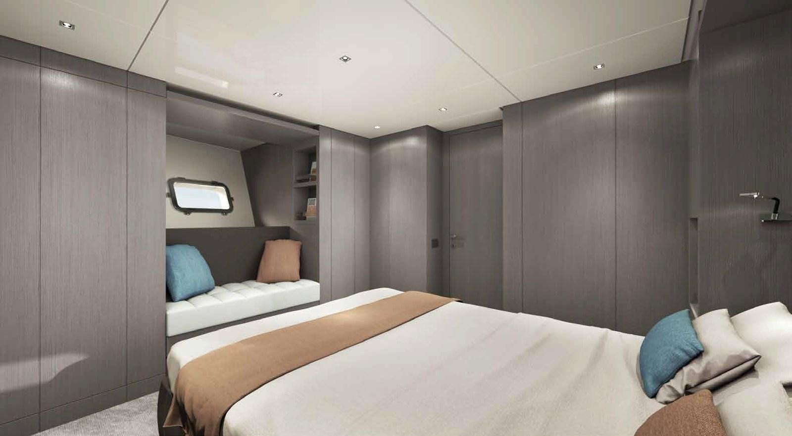 a room with two beds aboard EB Yacht for Sale