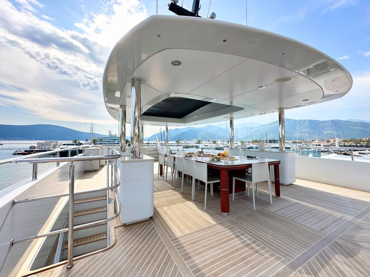 a large white spherical structure on a deck overlooking a body of water aboard SHU U RITE Yacht for Sale