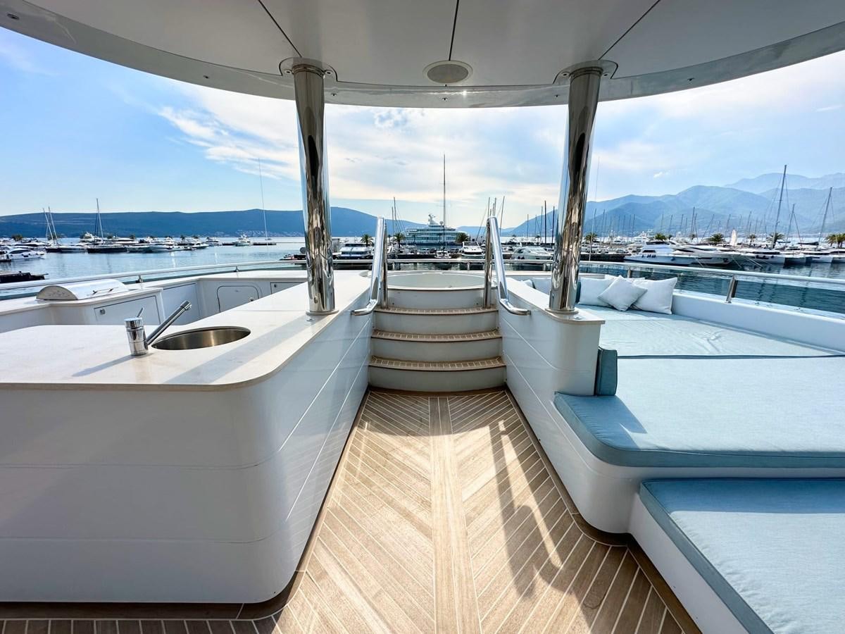 a deck with a large body of water and a large boat in the background aboard SHU U RITE Yacht for Sale