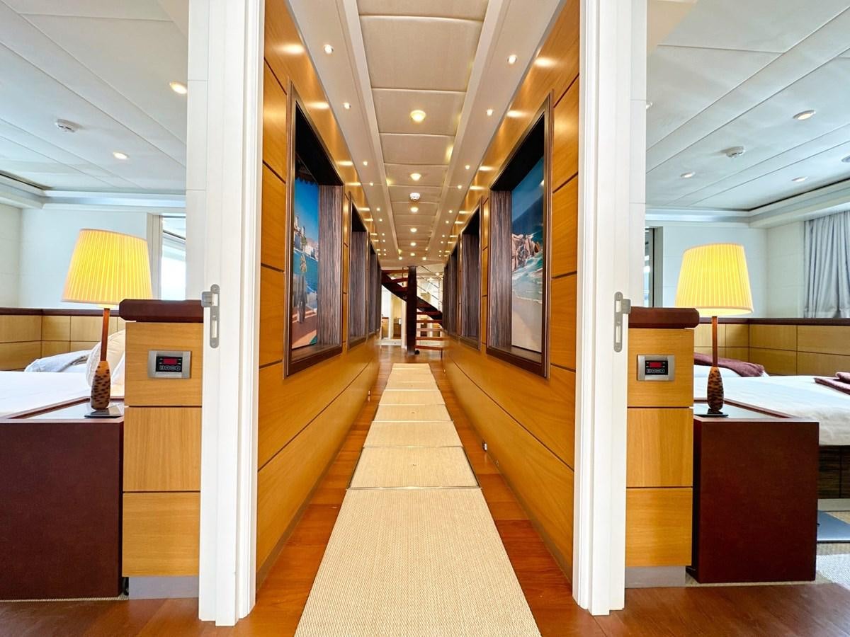 a hallway with a large window aboard SHU U RITE Yacht for Sale