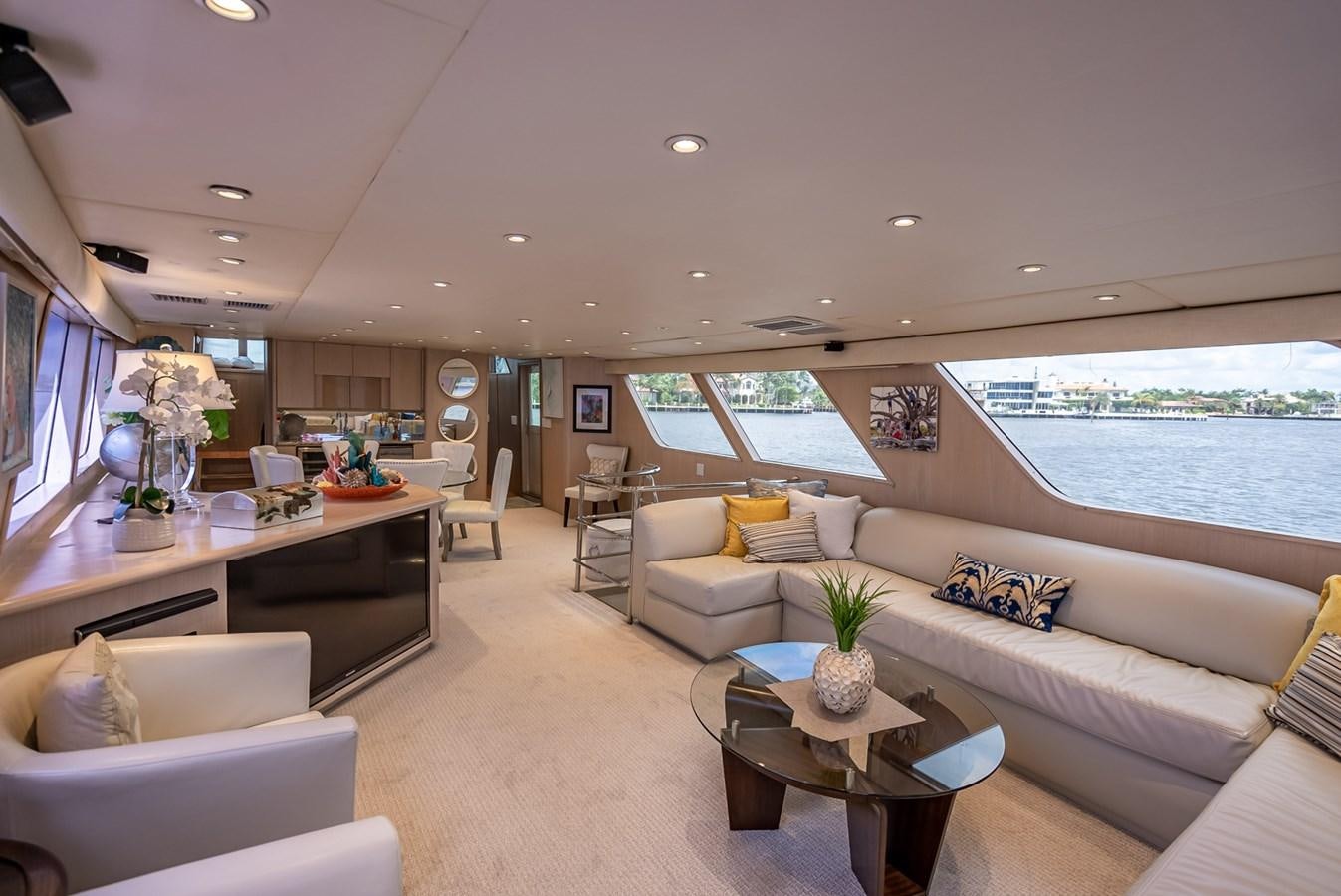 a living room with a large window aboard MY WAY Yacht for Sale