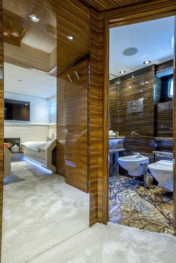 a bathroom with a shower aboard TIAMAT Yacht for Sale