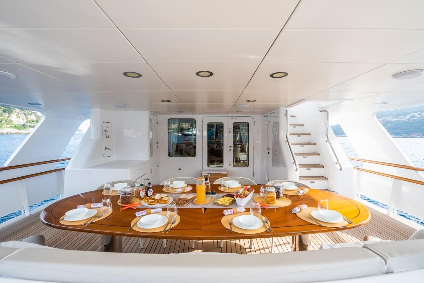 a table with plates and food on it aboard CORNELIA Yacht for Sale