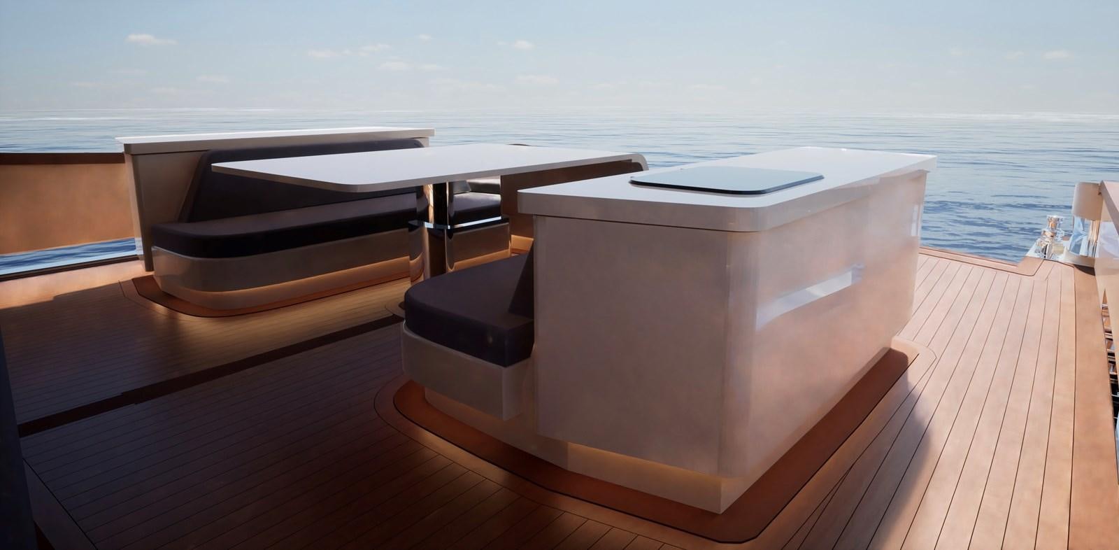 a deck with a table and chairs on it aboard EMPIRE Yacht for Sale