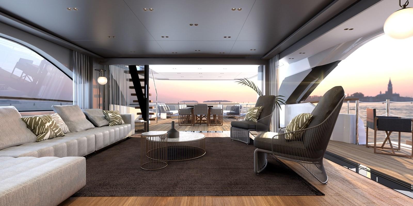 a living room with a large patio aboard K2 Yacht for Sale