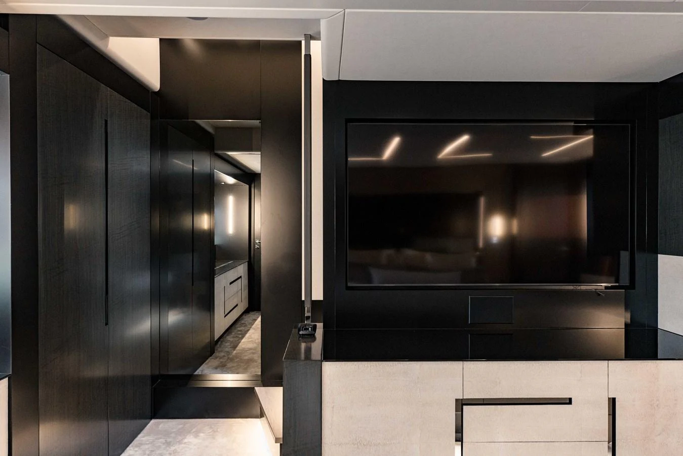 a room with a large mirror aboard STALLION Yacht for Sale