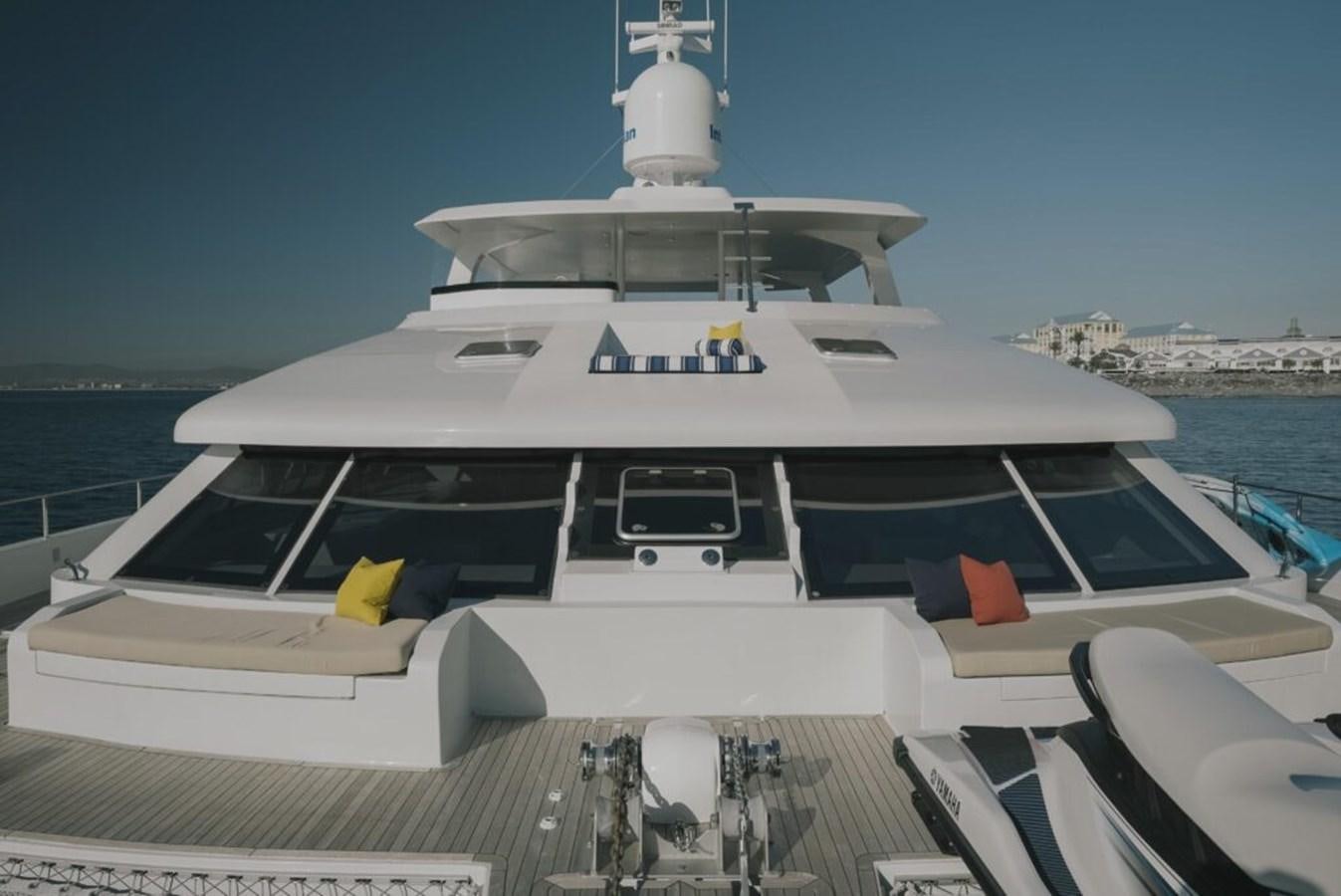 a large white boat with a white tower on it aboard SALTY Yacht for Sale
