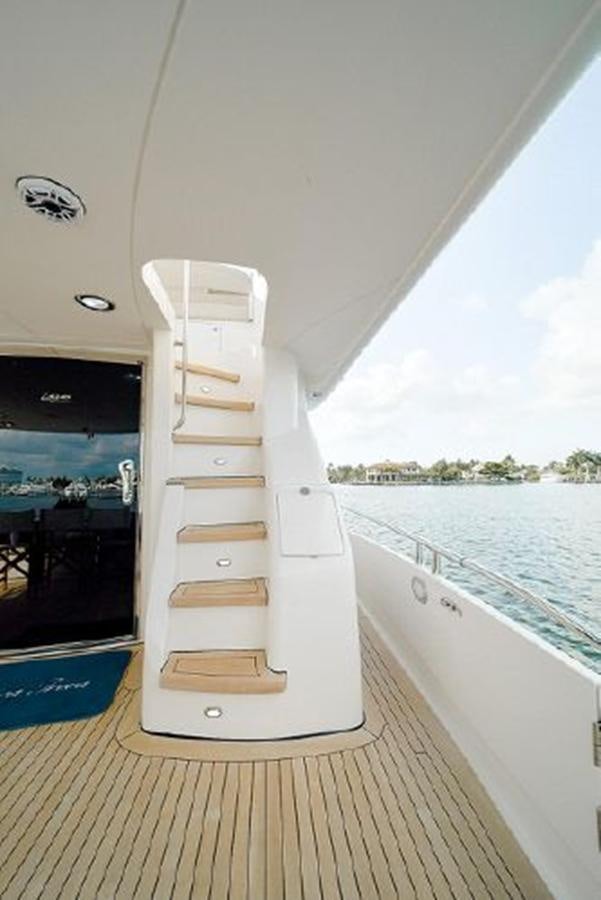 a white boat on a dock aboard 2007 LAZZARA 84 MOTOR Yacht for Sale