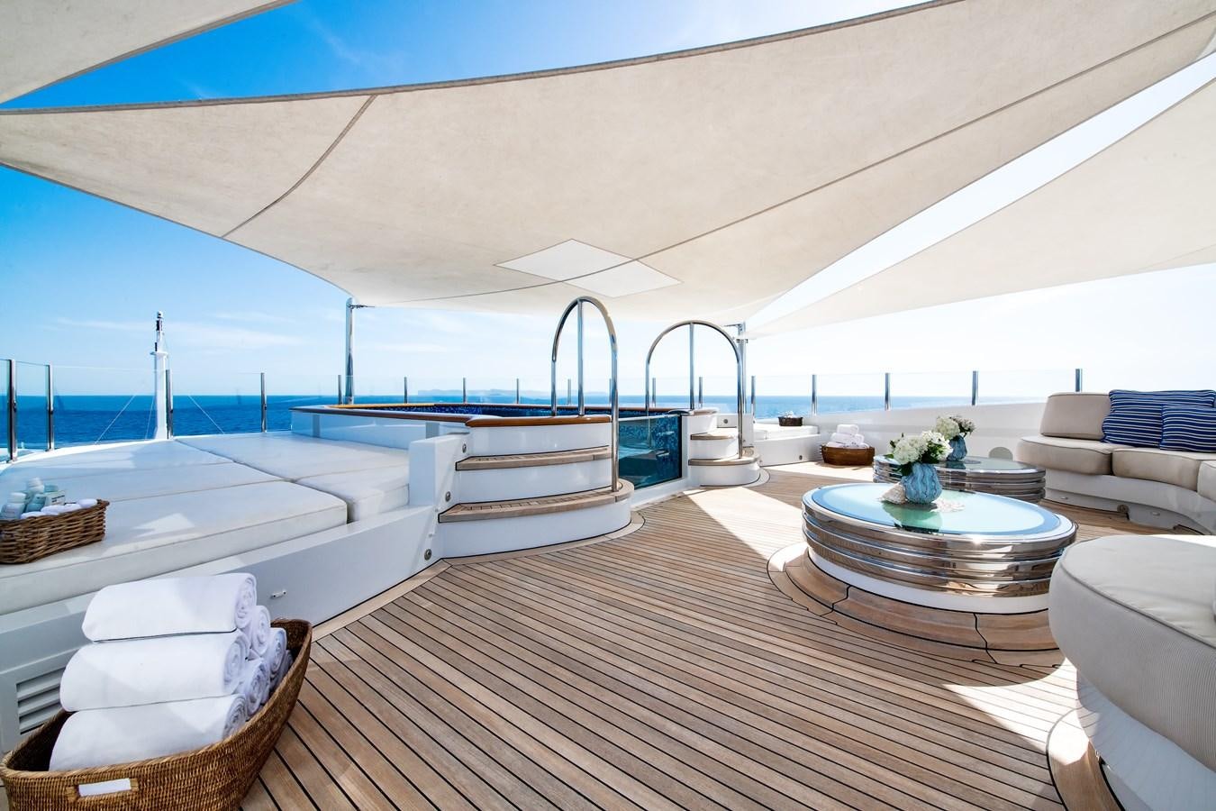 a large open living room with a large pool aboard AALTO Yacht for Sale