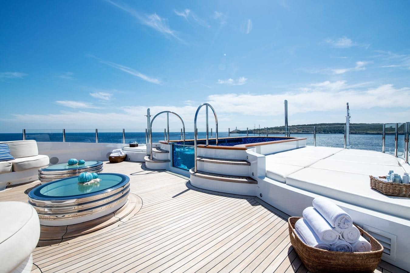 a deck with a view of the ocean and a couple of boats aboard AALTO Yacht for Sale