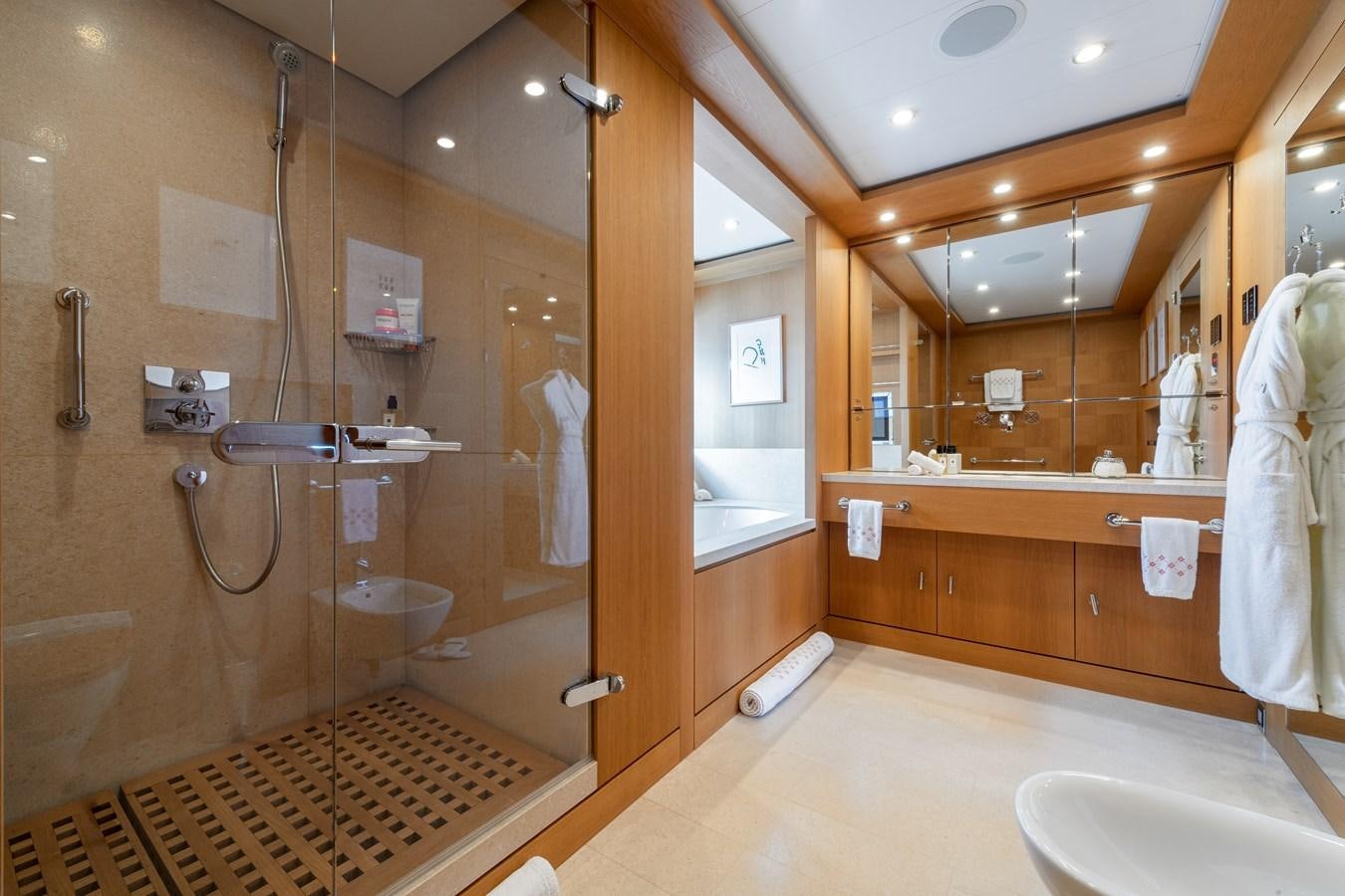 a bathroom with a shower unit and sink aboard AALTO Yacht for Sale