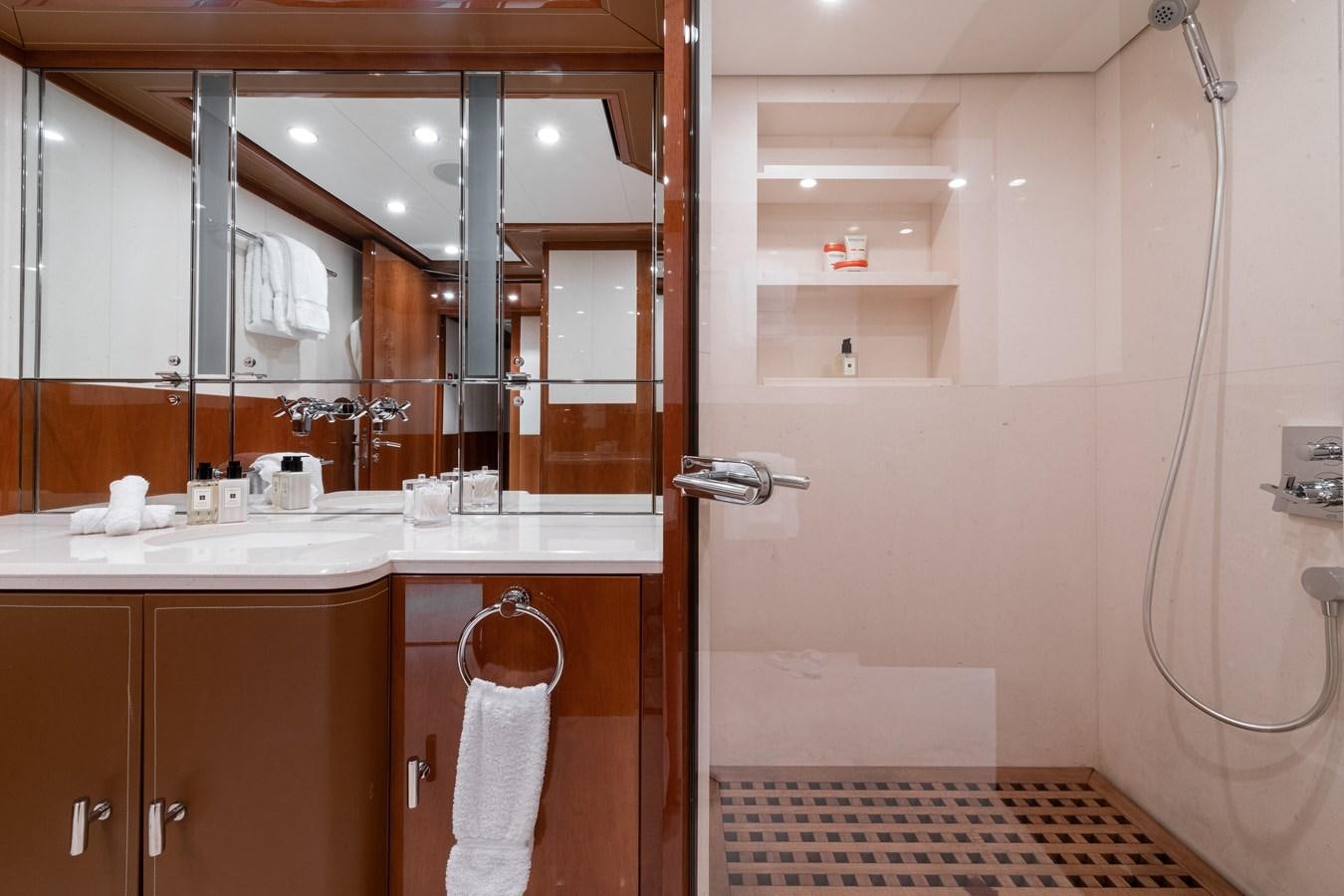 a bathroom with a shower unit aboard AALTO Yacht for Sale