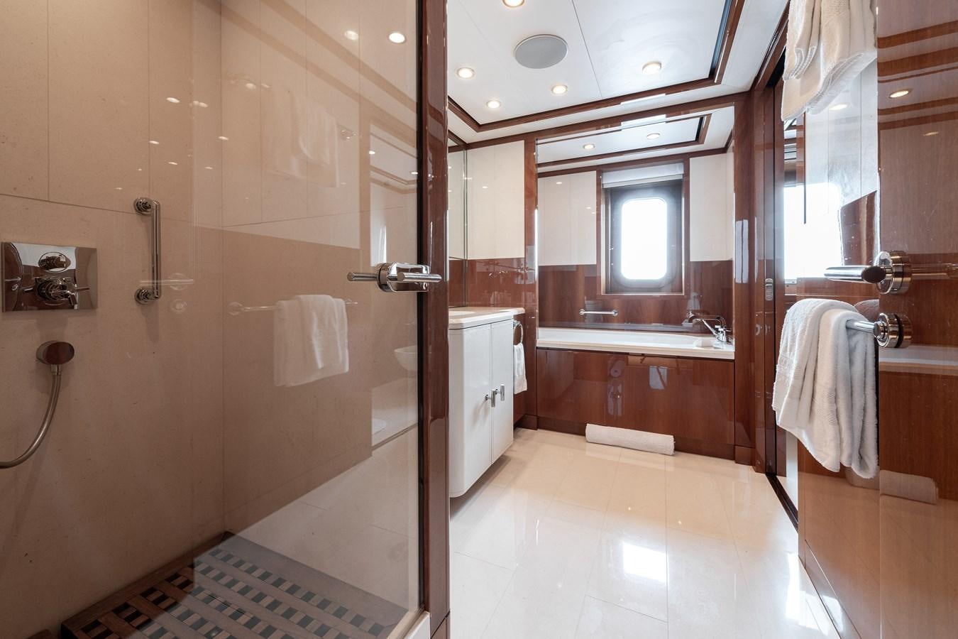 a bathroom with a shower and sink aboard AALTO Yacht for Sale