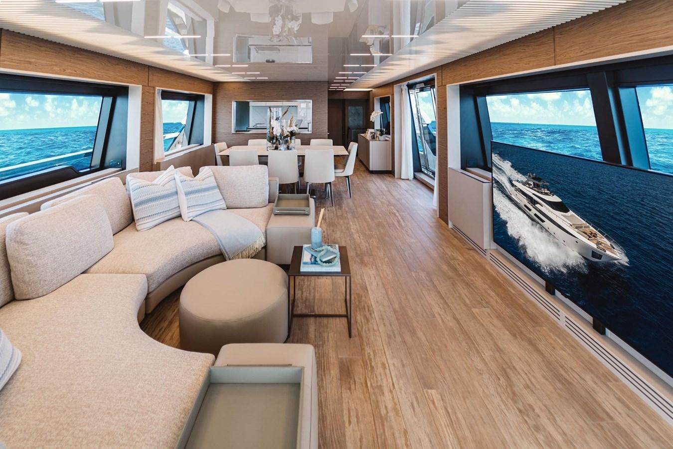 a living room with a large screen aboard FERRETTI YACHTS 920 HT  Yacht for Sale