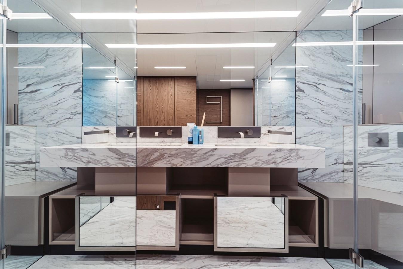 a large kitchen with glass walls aboard FERRETTI YACHTS 920 HT  Yacht for Sale