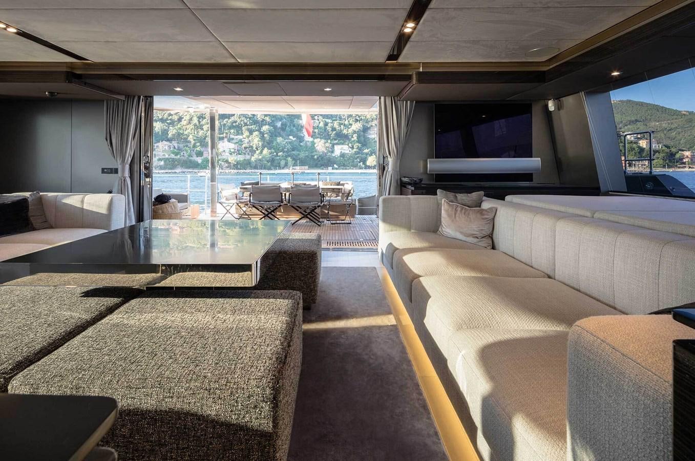a living room with a large window aboard ANIMA Yacht for Sale