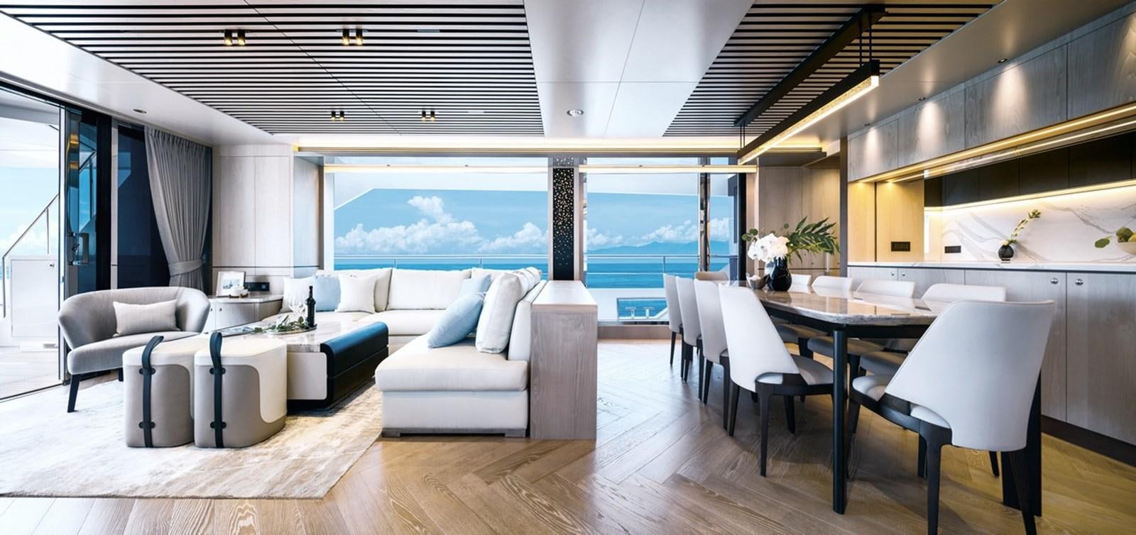 a room with a table chairs and a large window aboard FD80 Yacht for Sale