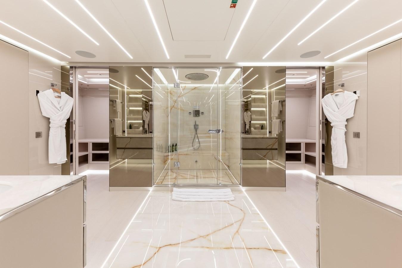 a room with a glass wall aboard N1 Yacht for Sale