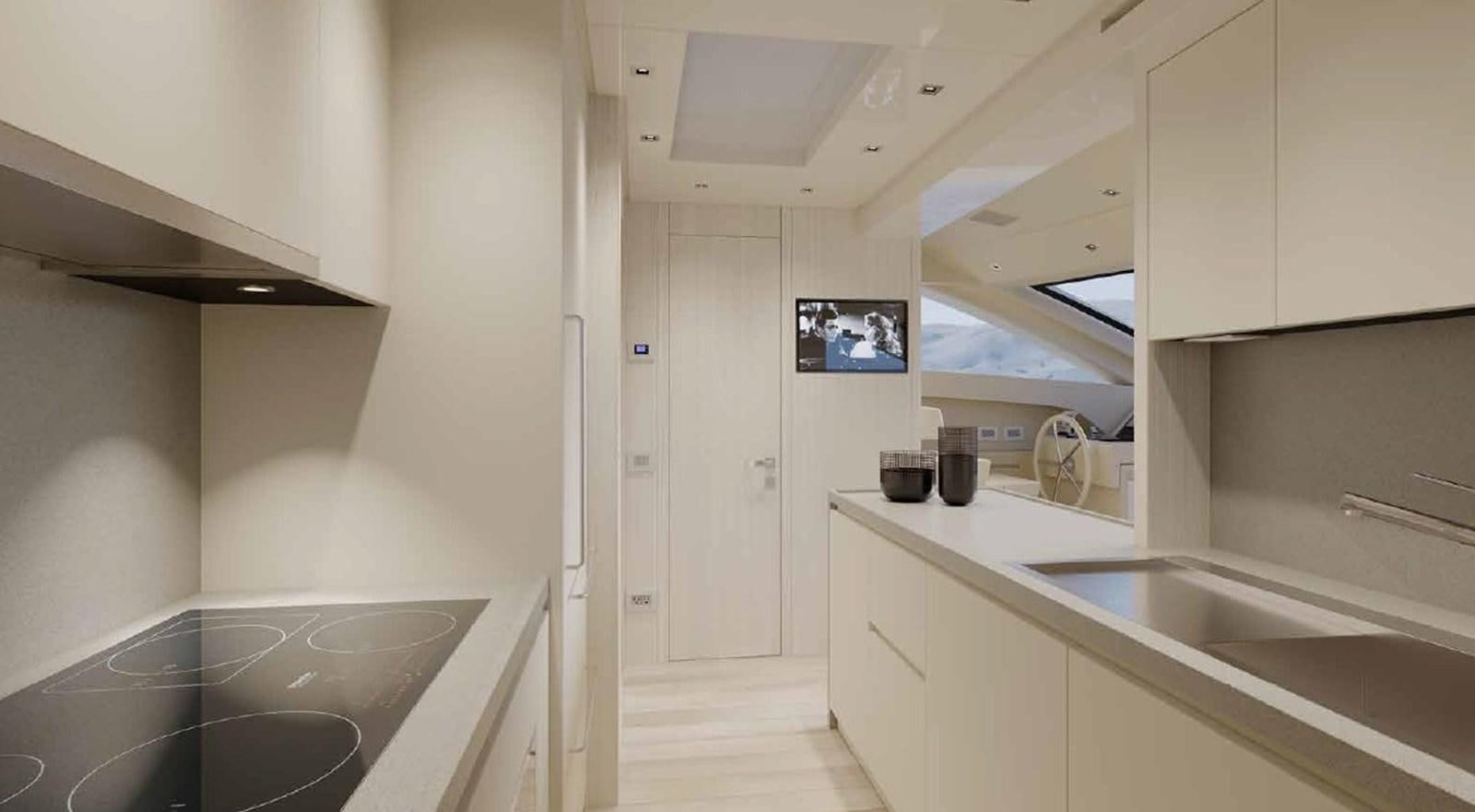 a kitchen with a sink and a tv on the wall aboard SANLORENZO SL86/798 Yacht for Sale