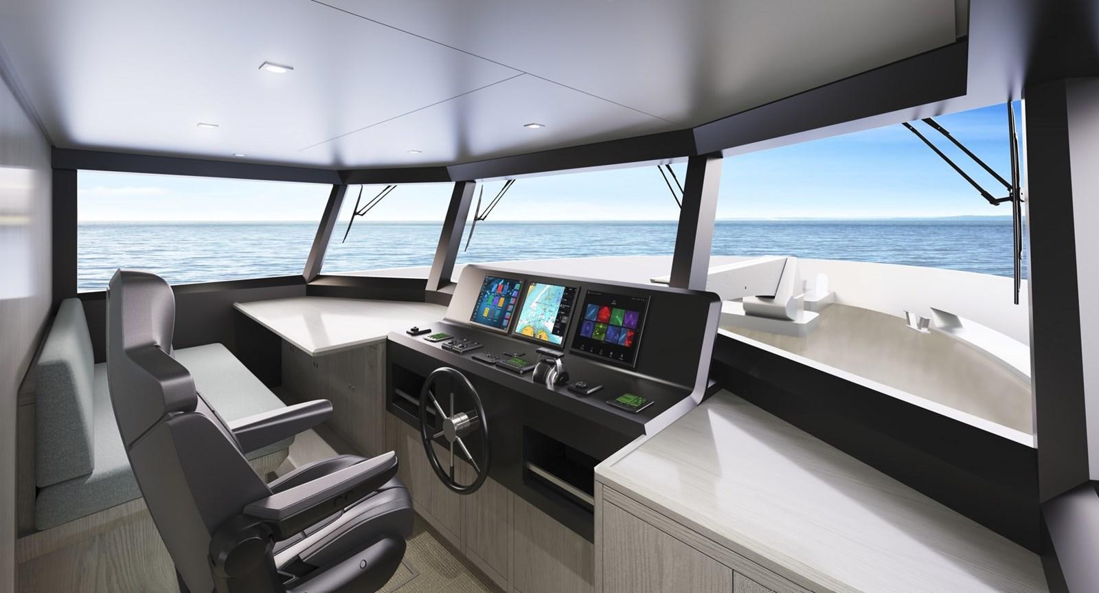 inside of a boat with a desk and chairs and a large window aboard ADVENTURE 30 Yacht for Sale