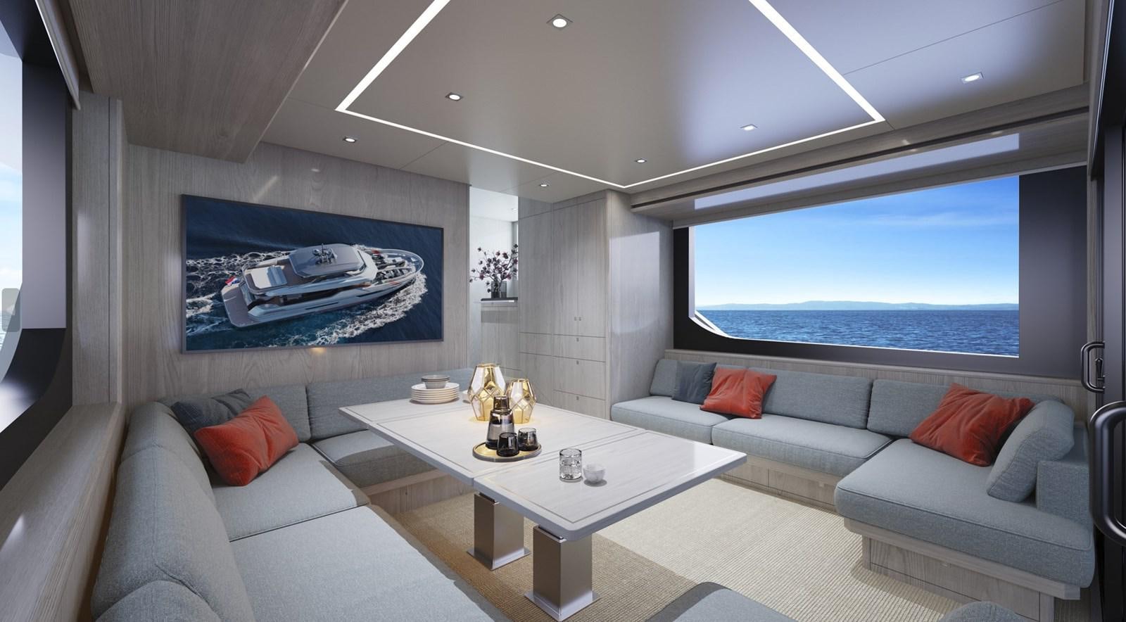 a living room with a large window aboard ADVENTURE 30 Yacht for Sale