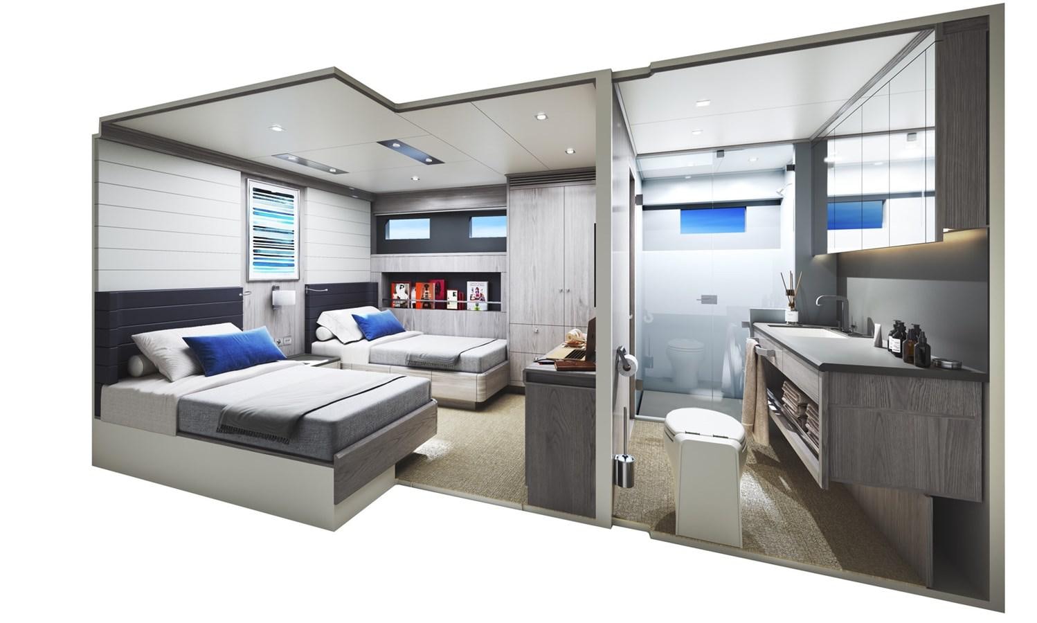 a room with a bed and a desk aboard ADVENTURE 30 Yacht for Sale
