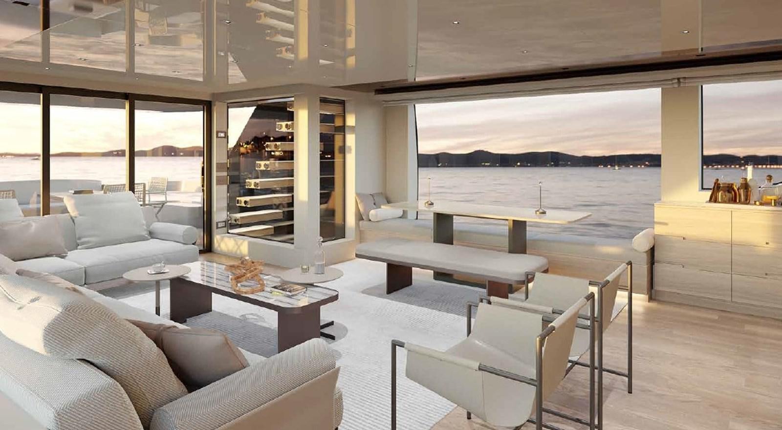 a room with a couch and a table and a large window aboard SL90A/831 Yacht for Sale