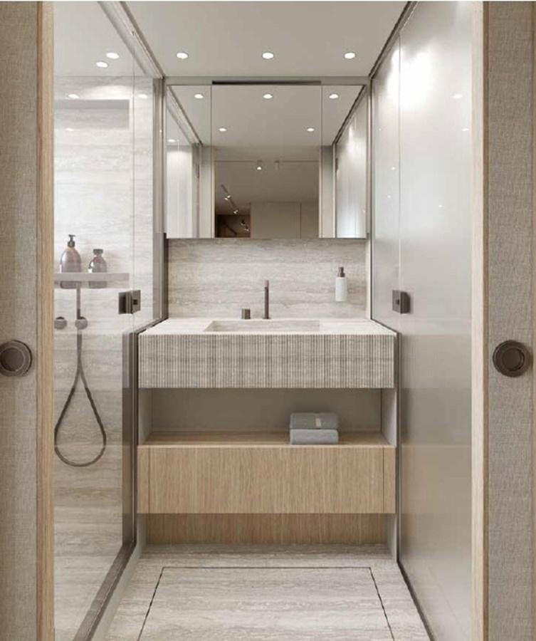 a bathroom with a large mirror aboard SD90/127 Yacht for Sale