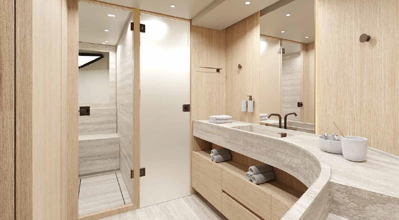 a bathroom with a countertop sink and a mirror aboard SD90/127 Yacht for Sale