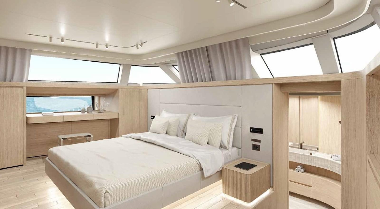 a room with a bed and a window aboard SD90/127 Yacht for Sale