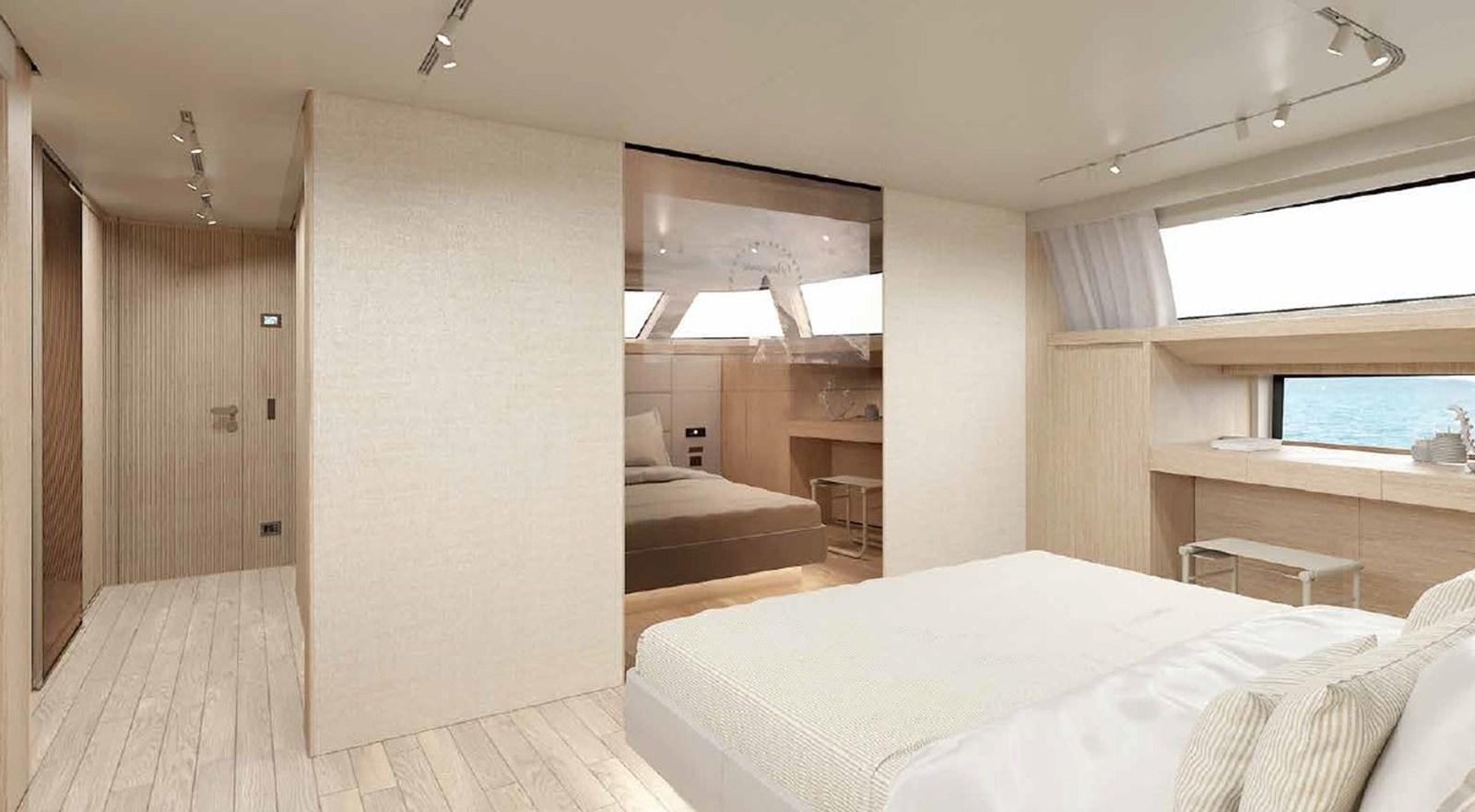 a room with a bed and a mirror aboard SD90/127 Yacht for Sale