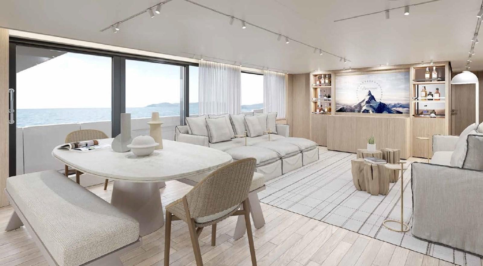 a large living room with a large window aboard SD90/127 Yacht for Sale