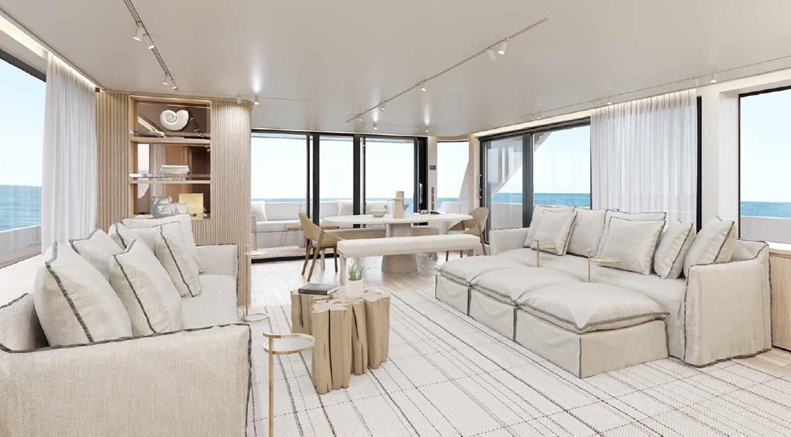a living room with a couch and a table aboard SD90/127 Yacht for Sale