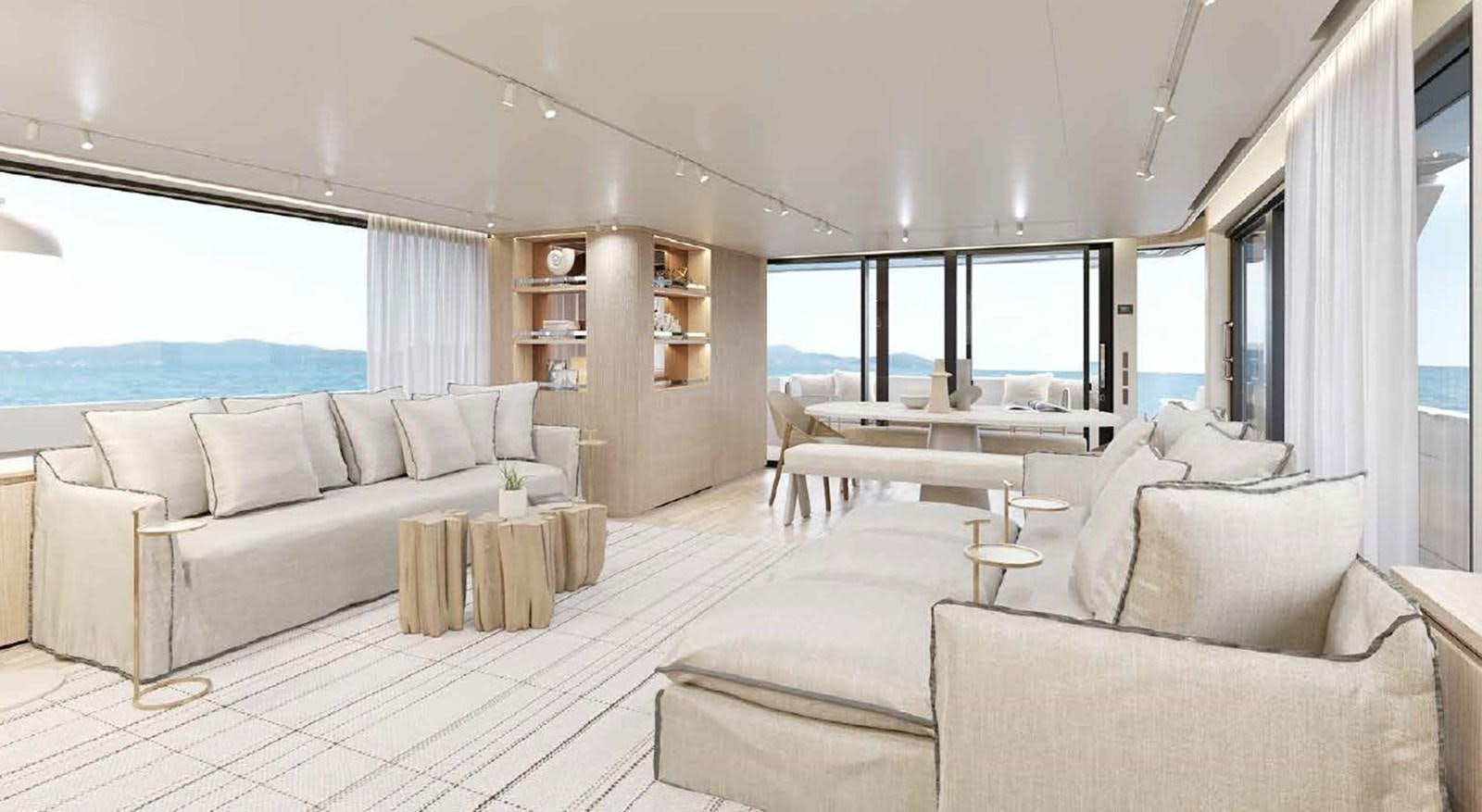 a living room with a large window aboard SD90/127 Yacht for Sale