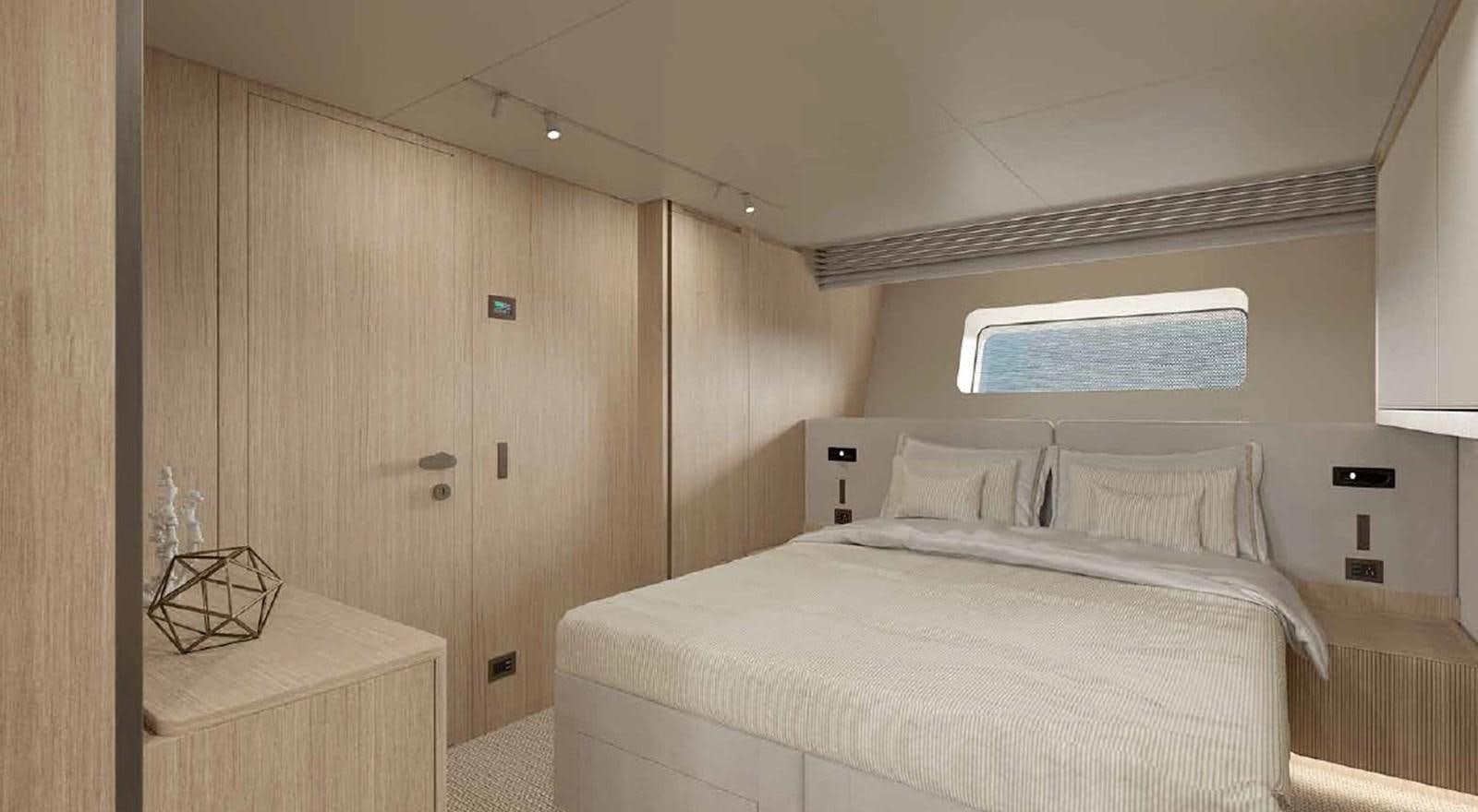 a room with a bed and a window aboard SD90/127 Yacht for Sale