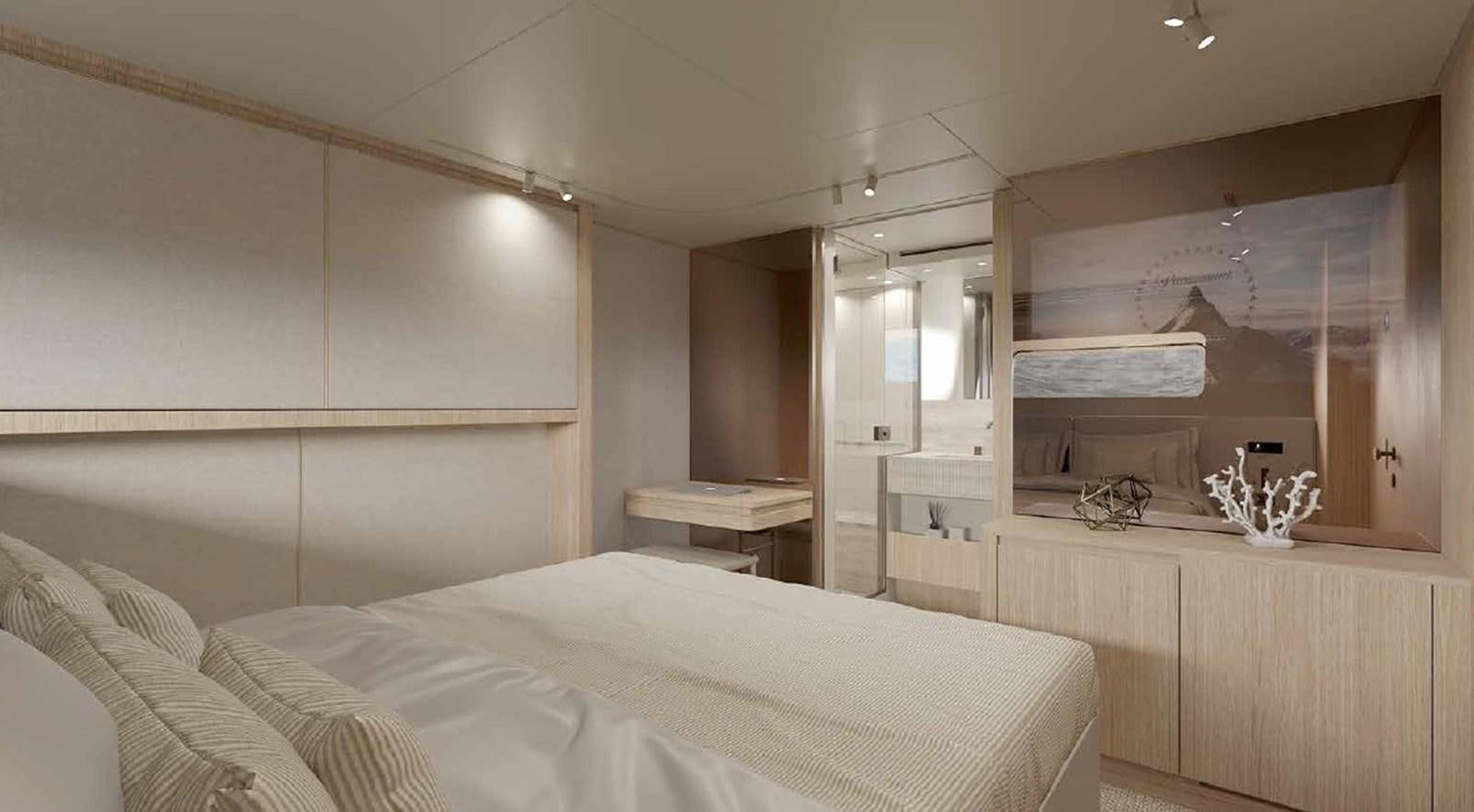 a bedroom with a mirror aboard SD90/127 Yacht for Sale