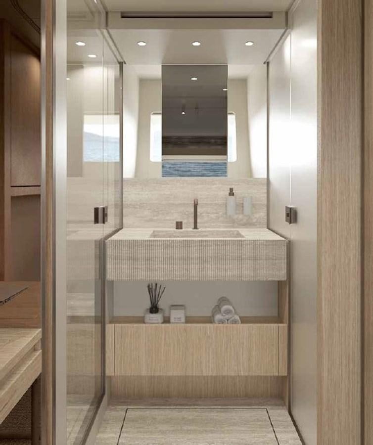 a bathroom with a large mirror aboard SD90/127 Yacht for Sale