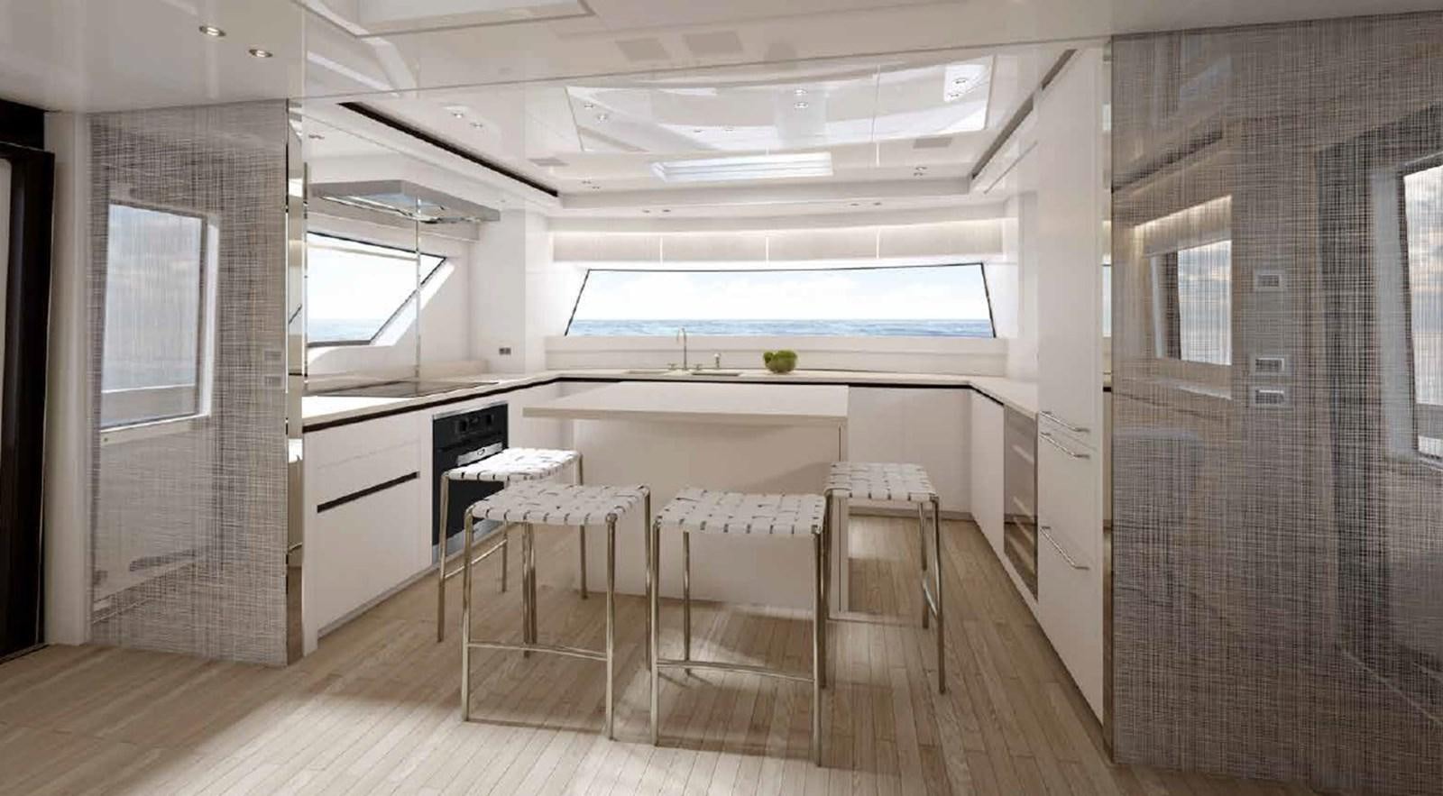 a kitchen with white cabinets aboard SX88/118 Yacht for Sale
