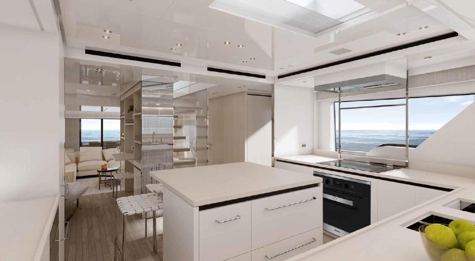 a kitchen with a large window aboard SX88/118 Yacht for Sale