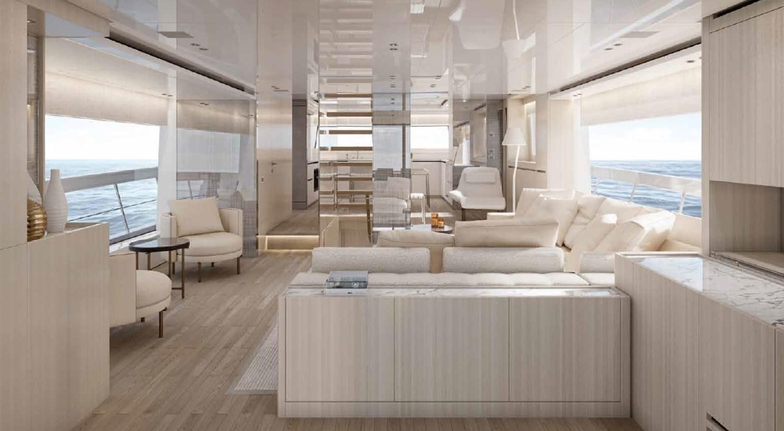a room with a large white couch and a large window aboard SX88/118 Yacht for Sale