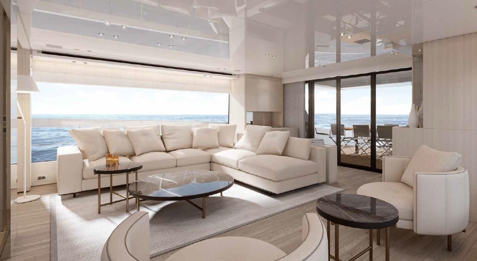 a living room with a large window aboard SX88/118 Yacht for Sale