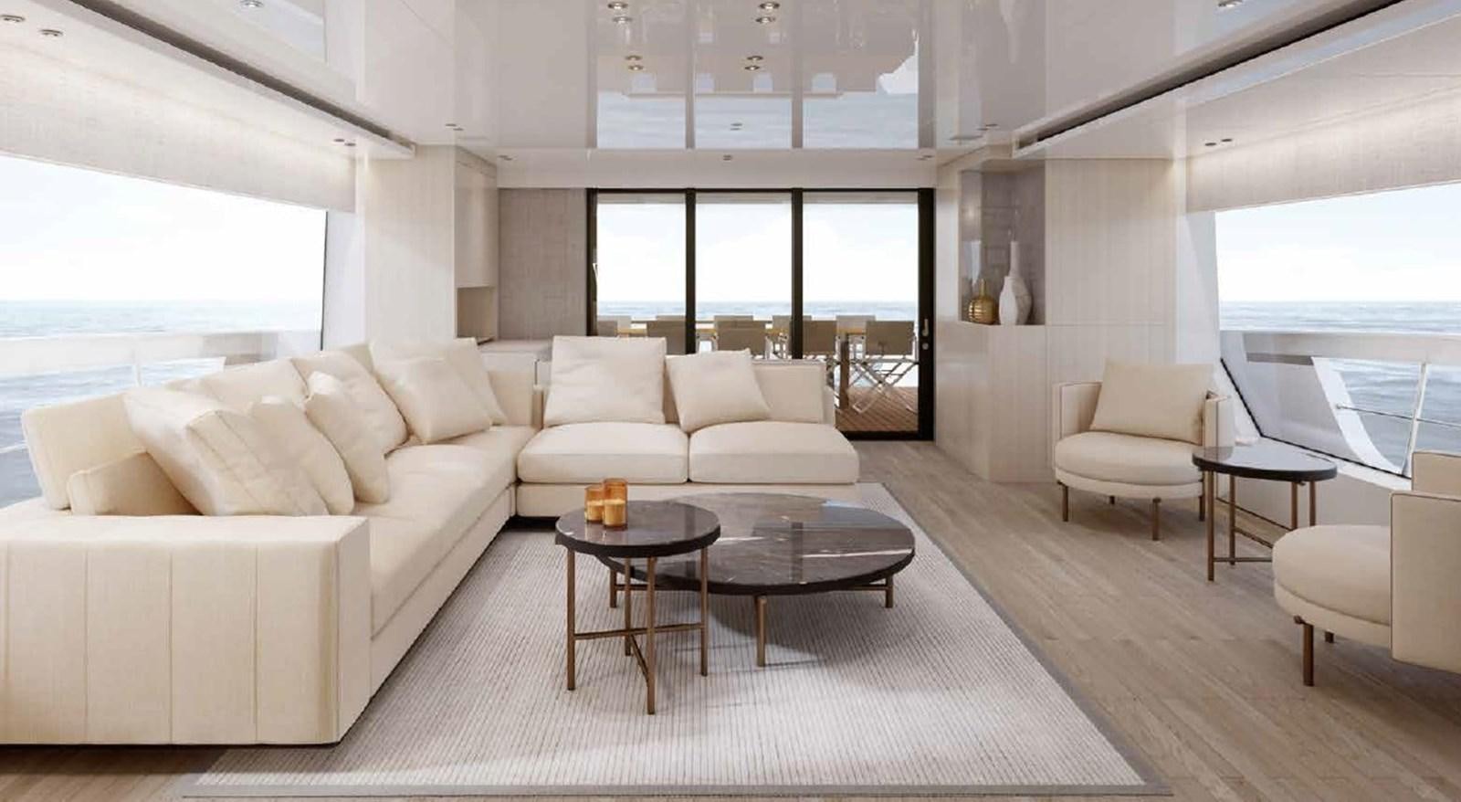 a living room with a large window aboard SX88/118 Yacht for Sale