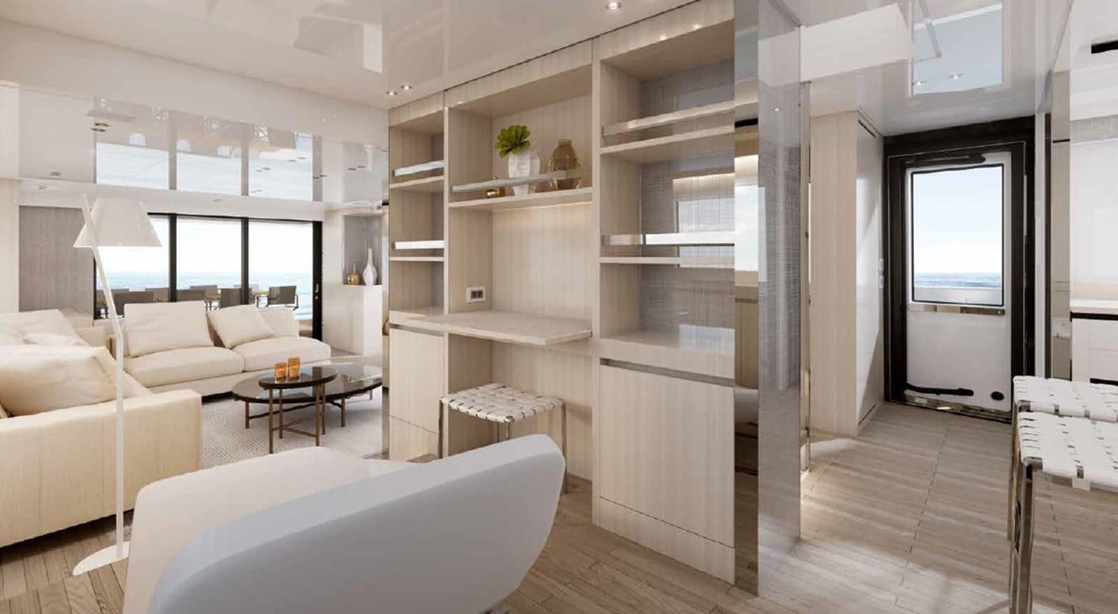 a room with a wood shelf and white couches aboard SX88/118 Yacht for Sale