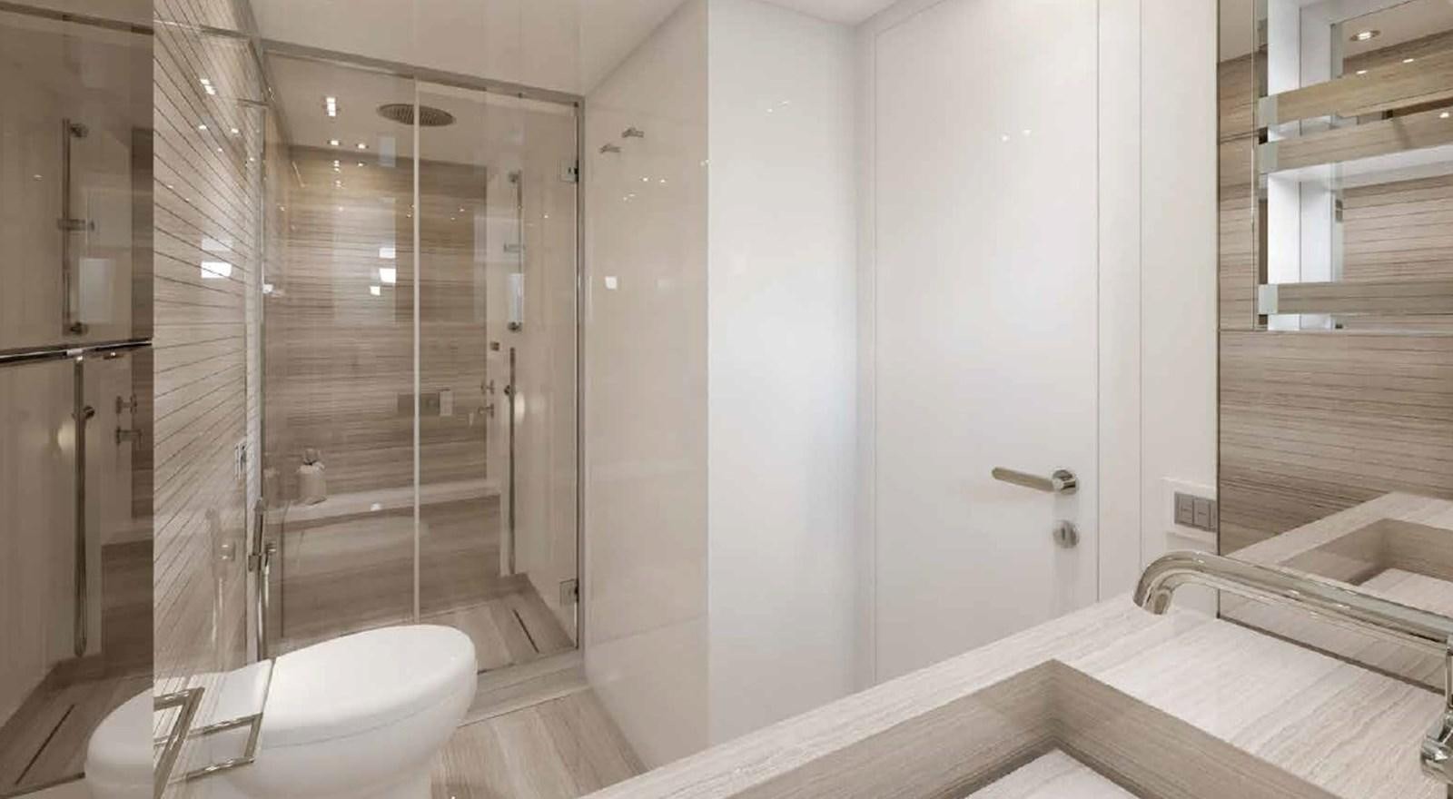 a bathroom with a glass shower aboard SX88/118 Yacht for Sale