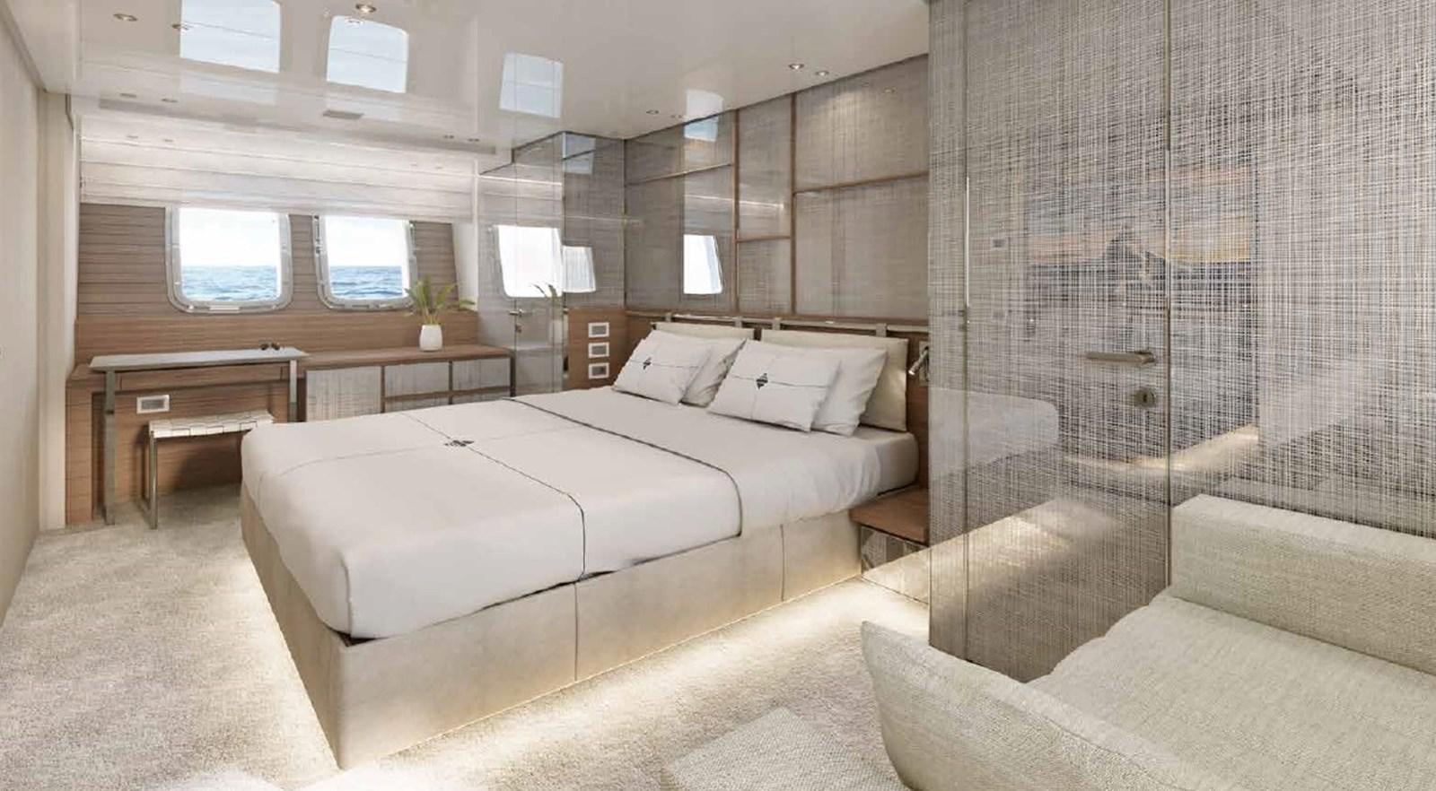 a room with a bed and a window aboard SX88/118 Yacht for Sale
