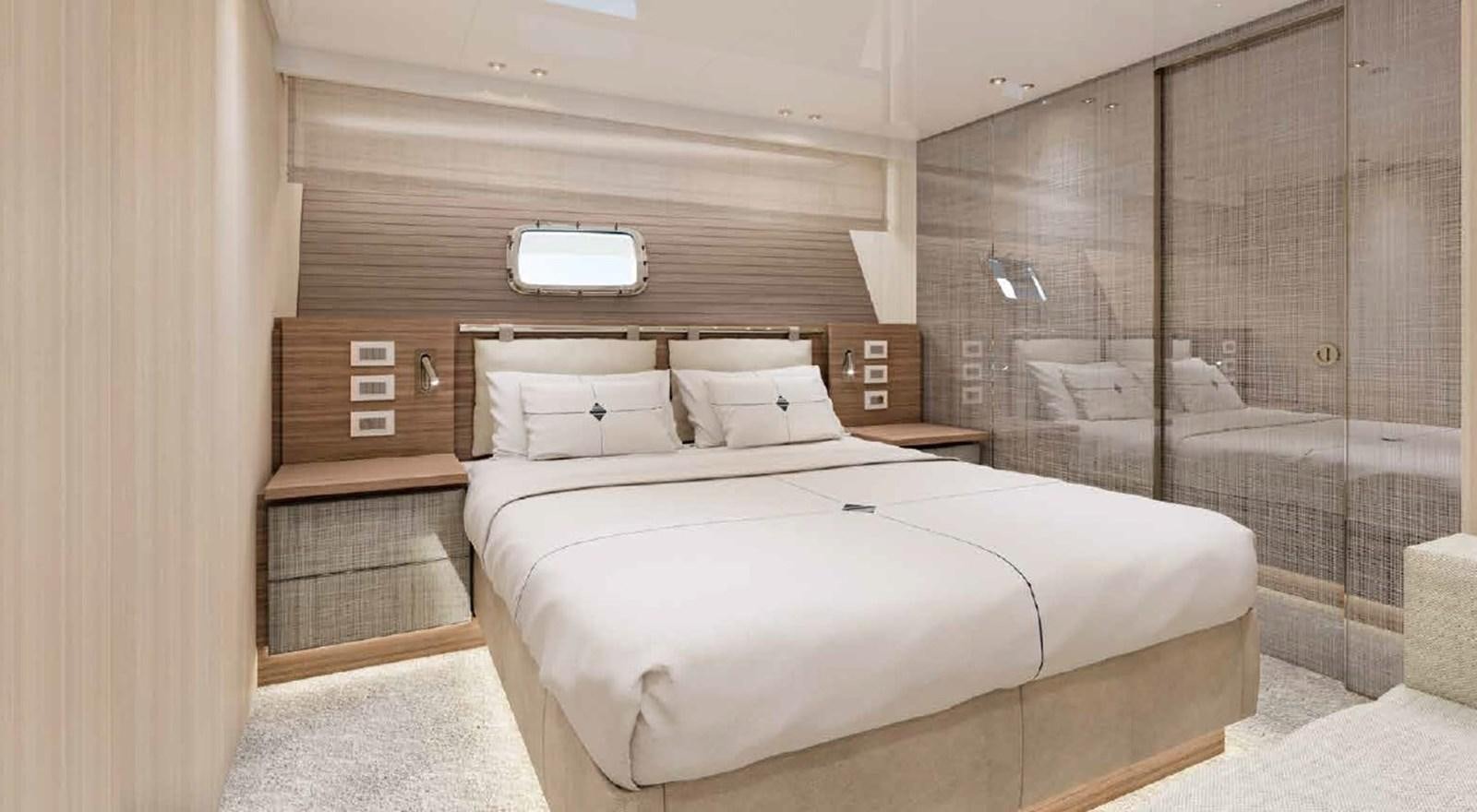 a large bed in a room aboard SX88/118 Yacht for Sale