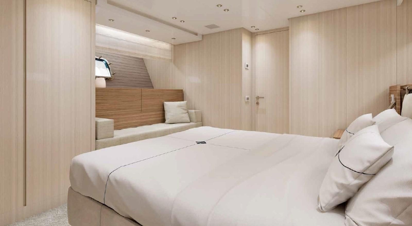 a room with a bed and a wood wall aboard SX88/118 Yacht for Sale